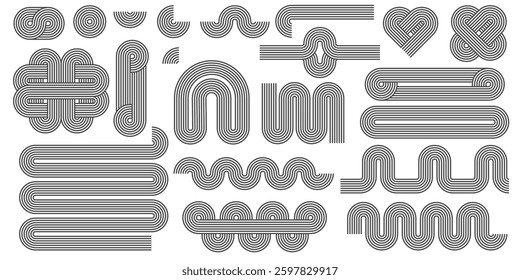 Abstract shapes with line pattern. Vector retro arch and geometric waves on white background. Organic graphic elements and curved modern figures. Simple minimalistic aesthetic stripes