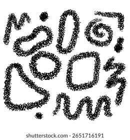 Formas abstratas, linhas feitas de pontos, ruído. Formas desenhadas à mão. Pincel de constelação, ruído, grupos de pontos, pontos dispersos no estilo grunge Formas arredondadas e aerodinâmicas com linhas em ziguezague