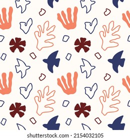 Abstract shapes and lines on a white background. Hand drawn seamless vector pattern. Stylish design for fabric, paper, wallpaper. Simple scribbles in doodle style