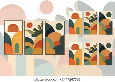 Abstract shapes, Mid Century Modern bohemian art print set of wall frames with sunset vector illustration poster template, bohemian artwork set for home decor decoration, landscape and sun.