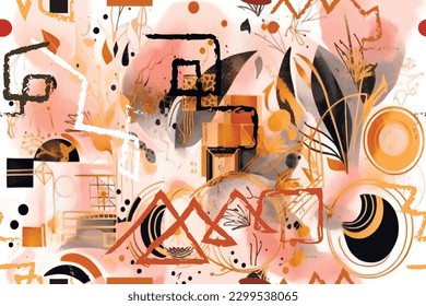 Abstract shapes modern brush strokes, stripes, tribal symbols and signs colorful seamless pattern. Painted hand drawn watercolor dirty vector background. Trendy graffiti style arrangements art design.