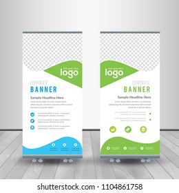 Abstract Shapes Modern Exhibition Advertising Trend Business Roll Up Banner Stand Poster Brochure flat design template creative concept. Presentation. Cover Publication. Stock vector. EPS