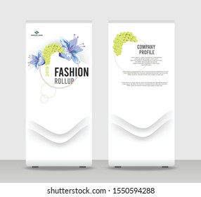 Abstract Shapes Modern Exhibition Advertising Trend Business Roll Up Banner Stand Poster Brochure flat design template creative concept. White background Roll Up EPS. Presentation