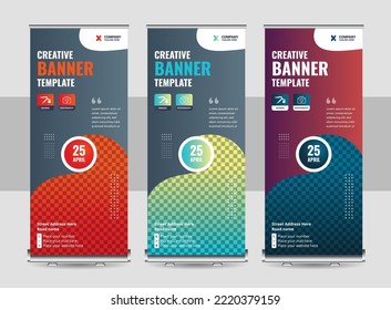 Abstract Shapes Modern Exhibition Advertising Trend Business Roll Up Banner Stand Poster Brochure flat design template creative concept. Presentation. Roll up banner design template