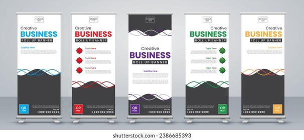 Resumen Formas Modernas Exhibición Publicidad Tendencia Business Roll Up Banner Stand Cartel Folleto planetario concepto creativo, Presentación, Publicación de portada, vector de material