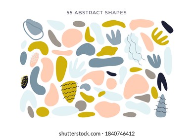 Abstract shapes, modern floral elements big set. Hand drawn doodle geometric and texture collection. Trendy vector illustration isolated on white background. Abstract scribble, drops, line and leaves.