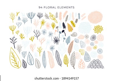 Abstract shapes, modern floral elements big set. Hand drawn doodle geometric and texture collection. Trendy vector illustration isolated on white background. Abstract scribble, drops, line and leaves.