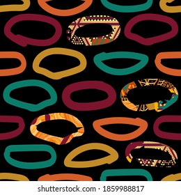 El resumen da forma a un patrón moderno con textura gruesa, manchas de pincel y puntos. Patrón de vectores sin fisuras en color brillante y estilo de collage. Ovalos círculos al estilo tribal africano.