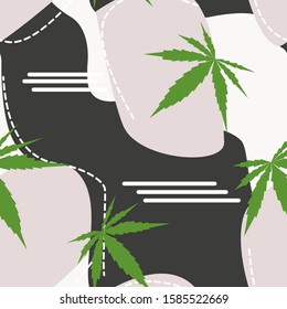 Abstract shapes modern seamless pattern with cannabis leaves and dashed lines for drug addiction posters or wrapping.