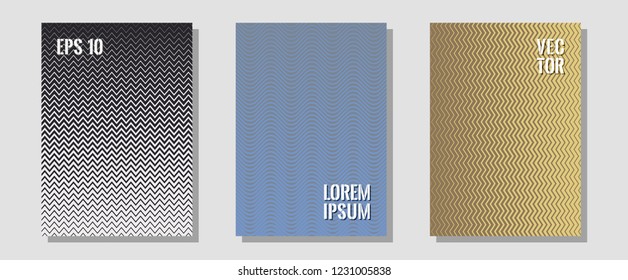 Abstract shapes of multiple lines halftone patterns. Trendy magazines. Zigzag halftone lines wave stripes backdrops. Elegant patchy mockups. Cool abstract shapes gradient texture backgrounds.