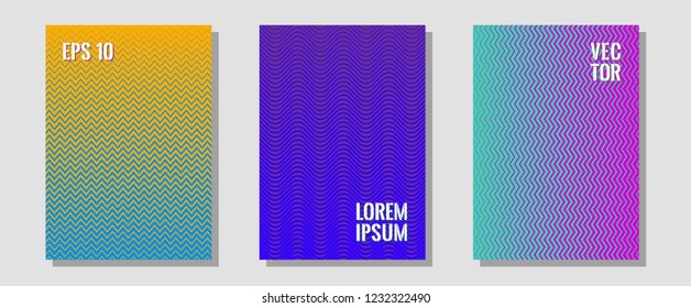Abstract shapes of multiple lines halftone patterns. Advertising text space. Zigzag halftone lines wave stripes backdrops. Trendy blue teal magazines. Cool abstract shapes gradient texture backgrounds