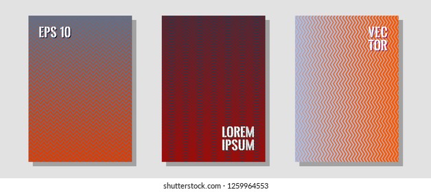 Abstract shapes of multiple lines halftone patterns. Hipster placards. Zigzag halftone lines wave stripes backdrops. Technicolor composition. Cool abstract shapes gradient texture backgrounds.