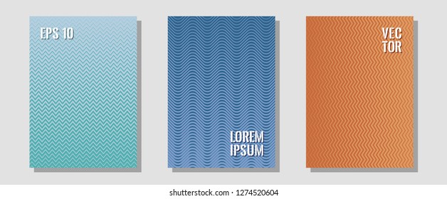 Abstract shapes of multiple lines halftone patterns. Trendy magazines. Zigzag halftone lines wave stripes backdrops. Vivid mockups samples. Cool abstract shapes gradient texture backgrounds.