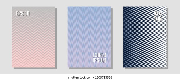 Abstract shapes of multiple lines halftone patterns. Business folders branding. Zigzag halftone lines wave stripes backdrops. Music placards. Cool abstract shapes gradient texture backgrounds.