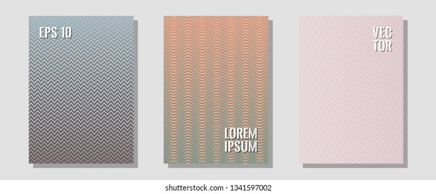 Abstract shapes of multiple lines halftone patterns. Simple book covers. Zigzag halftone lines wave stripes backdrops. Musical album adverts. Cool abstract shapes gradient texture backgrounds.