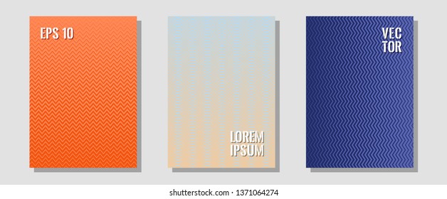 Abstract shapes of multiple lines halftone patterns. Hipster placards. Zigzag halftone lines wave stripes backdrops. Vibrant tech mockups. Cool abstract shapes gradient texture backgrounds.