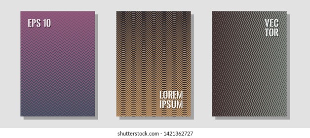 Abstract shapes of multiple lines halftone patterns. Hipster placards. Zigzag halftone lines wave stripes backdrops. Musical album adverts. Cool abstract shapes gradient texture backgrounds.