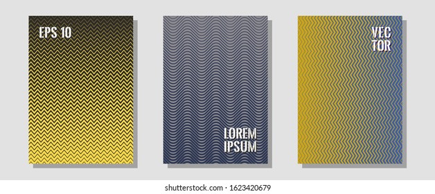 Abstract shapes of multiple lines halftone patterns. Minimal booklets. Zigzag halftone lines wave stripes backdrops. Balanced posh mockups. Cool abstract shapes gradient texture backgrounds.