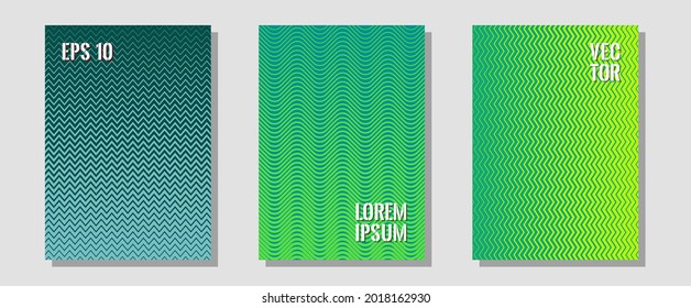 Abstract shapes of multiple lines halftone patterns. Future mockups samples. Zigzag halftone lines wave stripes backdrops. Corporate catalogs. Cool abstract shapes gradient texture backgrounds.
