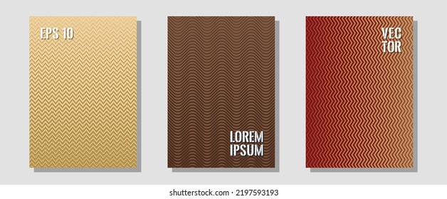 Abstract shapes of multiple lines halftone patterns. Laconic business cards. Zigzag halftone lines wave stripes backdrops. Hipster placards. Cool abstract shapes gradient texture backgrounds.