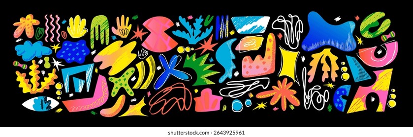Formas y objetos Abstractas. Ilustraciones vectoriales geométricas del arte de la curva squiggle, doodle, línea, punto, gradiente, punto para el fondo, el patrón o el diseño. Caos colorido
