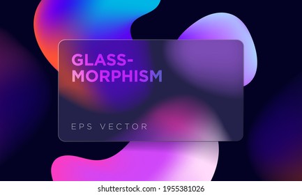 Abstract shapes on background. Liquid effect. Transparent layout in glass morphism or glassmorphism style. Blurred card or frame. Vector illustration. 