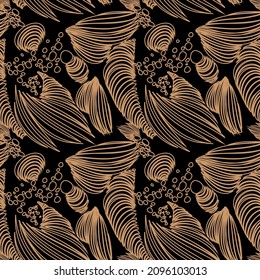 Formas abstractas sobre un fondo negro. Patrones sin inconvenientes. Diseño de tela, vestido, ropa de cama, papel de envoltura, envoltura de regalo.