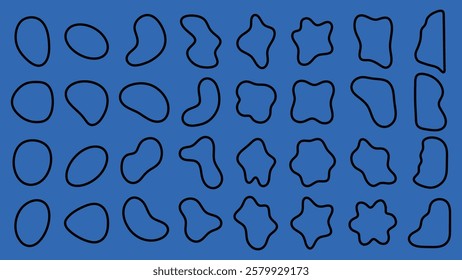 Abstract shapes on a blue background. Black outlines form unique abstract shapes. The abstract design features various shapes, creating a dynamic pattern. Black shape vector set.