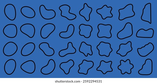 Abstract shapes on a blue background. Various abstract shapes, outlined in black. Blue background highlights the abstract shapes, creating a modern look. Black shape vector set.
