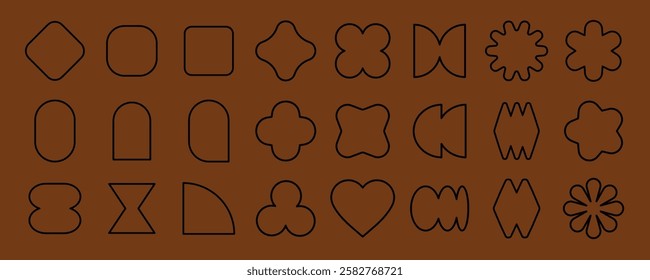 Abstract shapes on a brown background. Geometric shapes, abstract forms, and unique designs. Shapes include circles, squares, and more abstract shapes. Element vector collection.