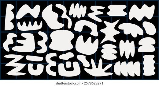 Abstract shapes on a grid background. Wavy, organic forms create a dynamic, artistic pattern. Shapes and grid contrast in this abstract design. Black and white vector set.