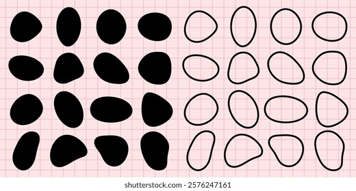 Abstract shapes on grid. Black abstract shapes, filled and outlined, on a grid. Geometric design with abstract shapes, perfect for modern art projects. Black shape vector set.