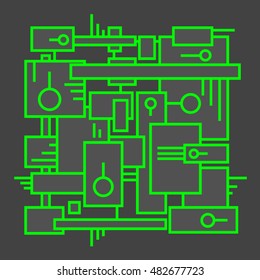 Abstract shapes on high tech scren, chip inside device, matrix scheme. Artificial Intelligence.