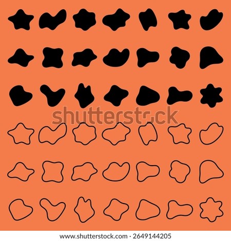 Abstract shapes on orange background. Black shapes and outlines create abstract patterns. Abstract shapes vary in form, adding visual interest. Black shape vector set.