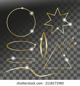 Abstract shapes on transparent background. Golden frame border. Circle, star, triangle, oval, lines, waves. Vector.