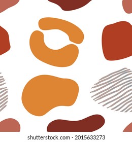 Abstract shapes in orange, yellow, beige and brown in flat modern style. Seamless pattern. Vector illustration.