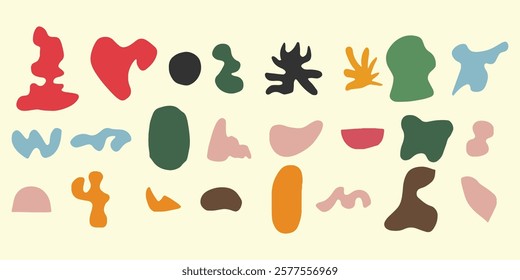 Abstract shapes, organic forms, colorful blobs, minimalist design, Matisse-inspired, flat color palette, geometric patterns, playful composition, 2D illustration vector on white background