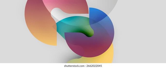 Abstract shapes overlap, creating colorful gradients. Soft lighting emphasizes curves, forms dynamic composition. Minimalist design, modern aesthetic.