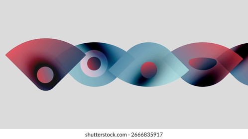 Abstract shapes overlap, creating colorful wave pattern. Red, blue hues dominate neutral background. Modern design element.