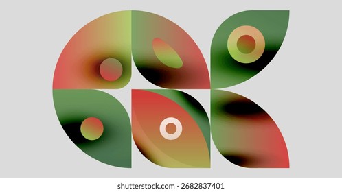 Abstract shapes overlap, creating colorful design. Green, red, yellow hues blend smoothly. Modern, geometric composition.