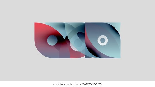 Formas abstratas se sobrepõem, criando um design colorido. Tons azuis e vermelhos dominam a composição. Estética minimalista, sensação moderna.