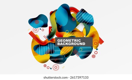 Abstract shapes overlap, creating dynamic composition. Vivid colors dominate design, offering modern aesthetic. Clean lines, fluid forms present.