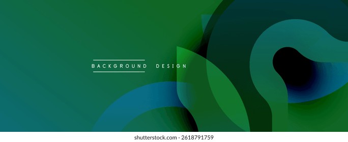 Formas abstratas se sobrepõem, criando gradientes verdes e azuis dinâmicos. Design moderno parece fluido, orgânico, minimalista. Fundo sugere profundidade, movimento.