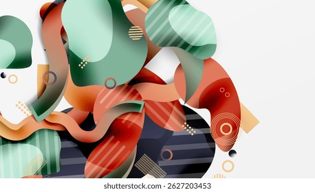 Abstract shapes overlap, creating dynamic composition. Colors include green, orange, blue, gray. Modern design with fluid forms.