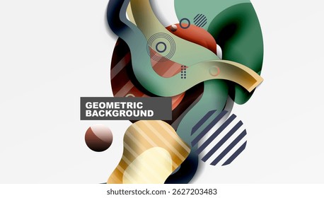 Abstract shapes overlap, creating dynamic composition. Colors blend, forming modern geometric background. Smooth gradients enhance visual interest.