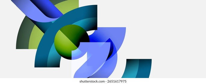 Abstract shapes overlap, creating dynamic composition. Blue, green hues dominate design. Modern aesthetic, clean lines present.