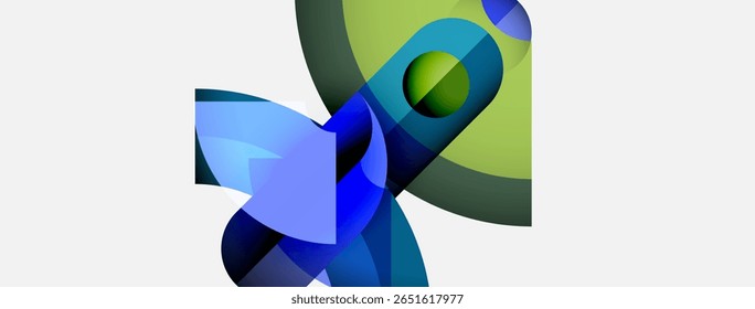 Abstract shapes overlap, creating dynamic composition. Blue, green hues dominate, suggesting fluidity, movement. Minimalist design.
