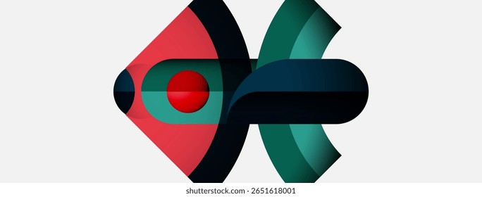 Abstrakte Formen überlappen sich und erzeugen eine dynamische Komposition. Rot, blau, dunkle Farbtöne dominieren das Design. Minimalistische Ästhetik, moderne Haptik.