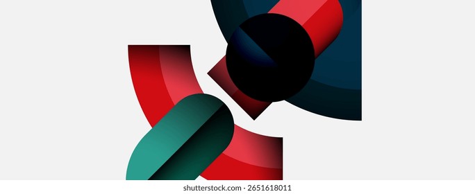 Abstract shapes overlap, creating dynamic composition. Red, teal, black hues dominate white background. Modern design elements present.