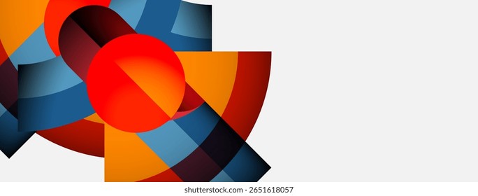 Abstract shapes overlap, creating dynamic composition. Orange, blue, red hues dominate design. Minimalist style, modern aesthetic.